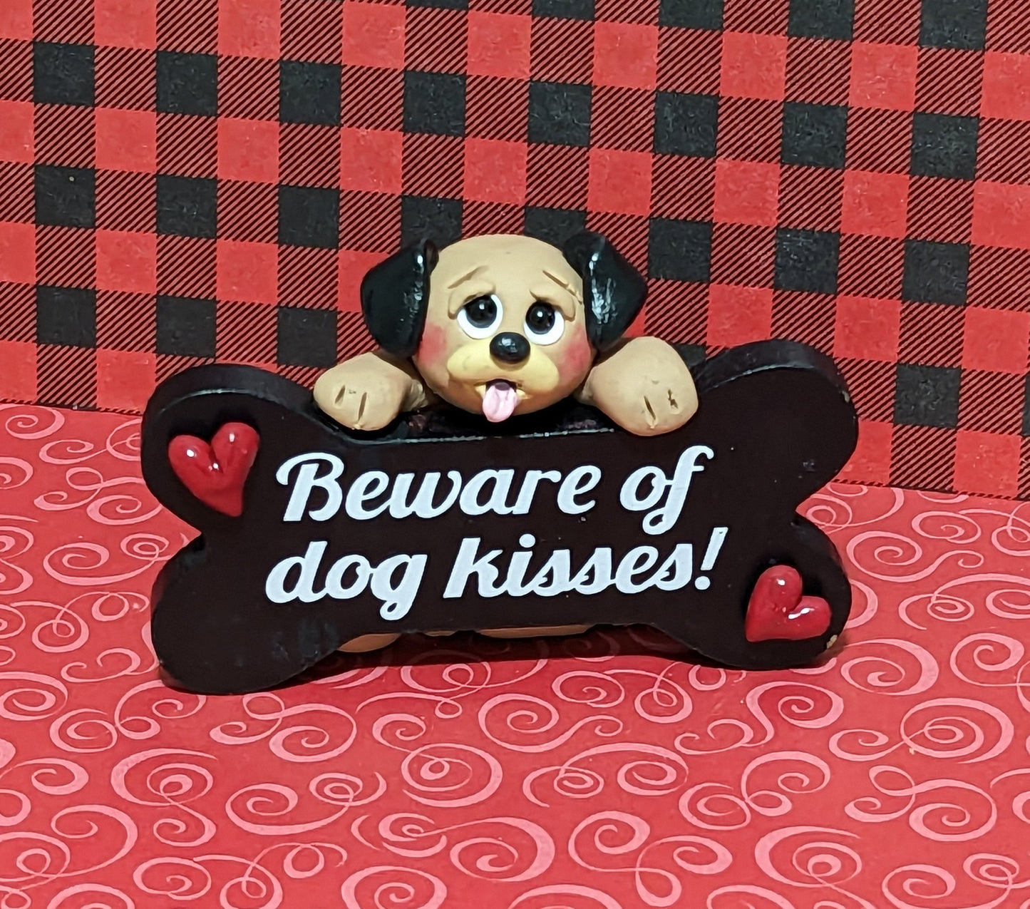 Puppy Dog "Beware of Dog Kisses" Puppy Pal Figurine Handmade Polymer Clay Valentine Decoration