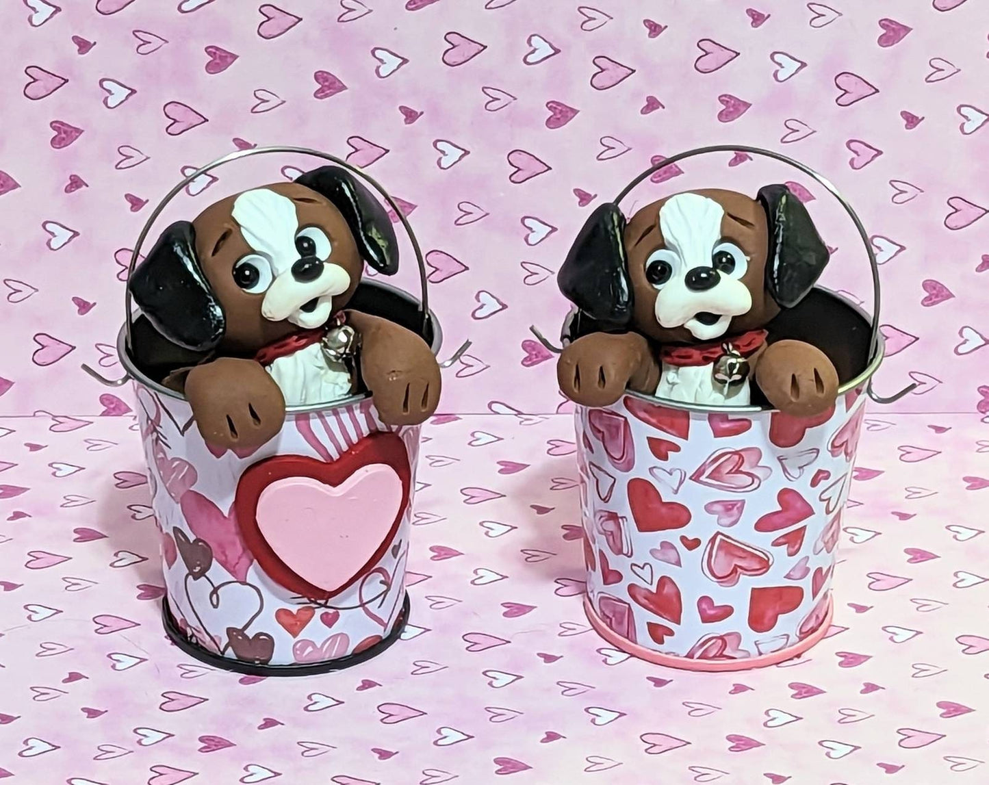 Brown Puppy Dogs in Valentine Bucket Handmade Polymer Clay Valentine Decor