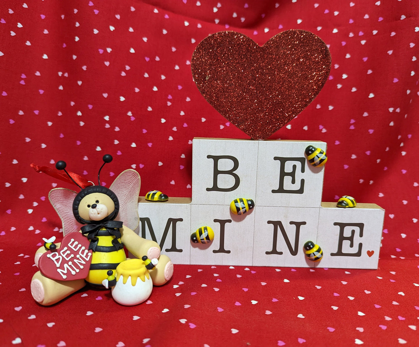 Bear in Bee Suit Ornament with Plaque / Handmade Polymer Clay Valentine Decoration