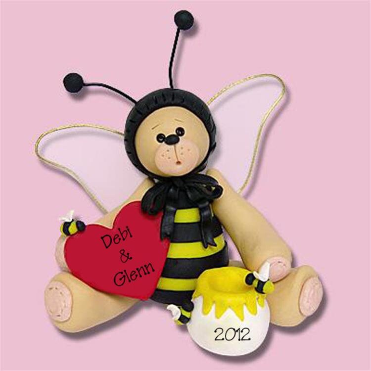 Bear in Bee Suit Ornament with Plaque / Handmade Polymer Clay Valentine Decoration