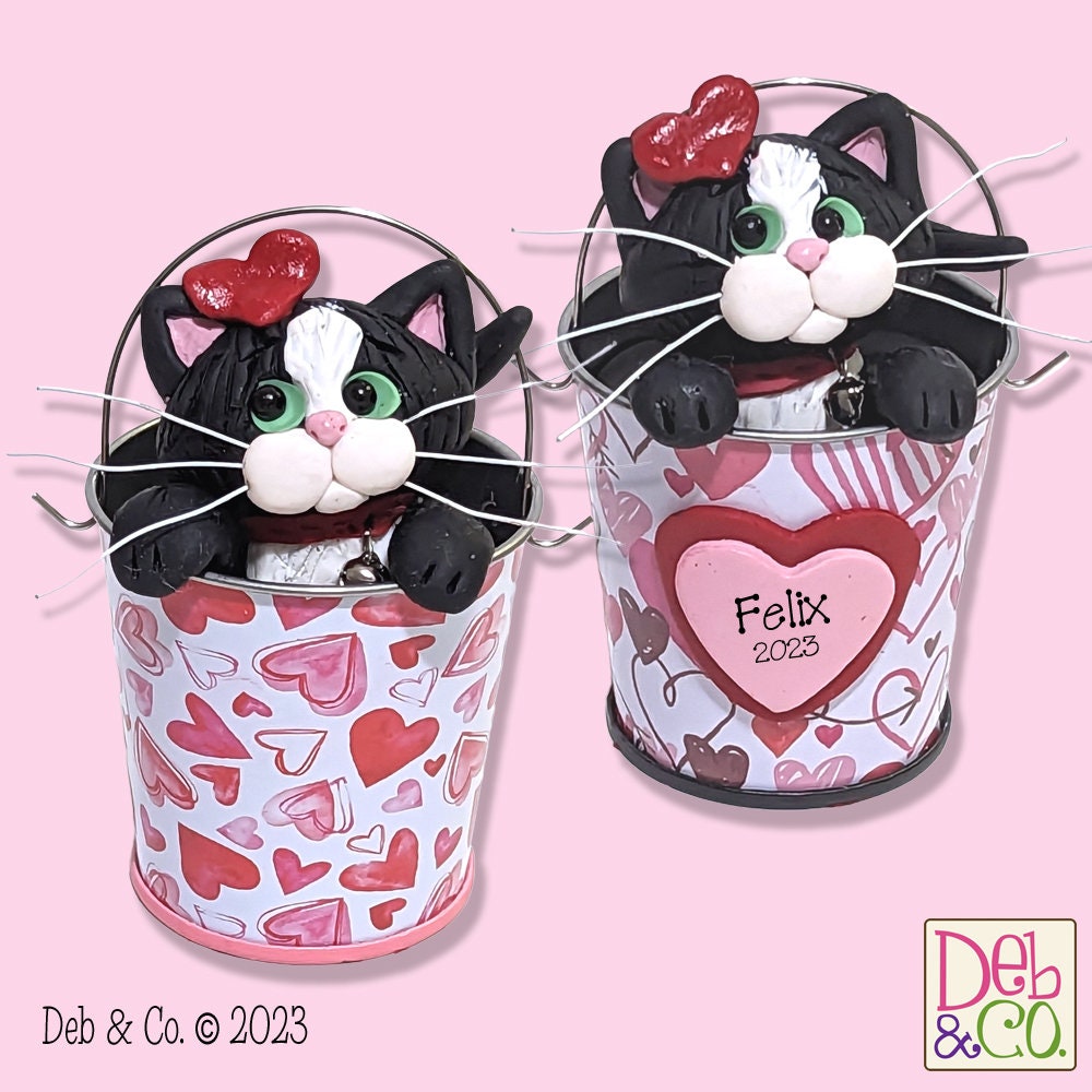 Tuxedo KITTY CATS in Valentine Bucket Handmade Polymer Clay Valentine Decor