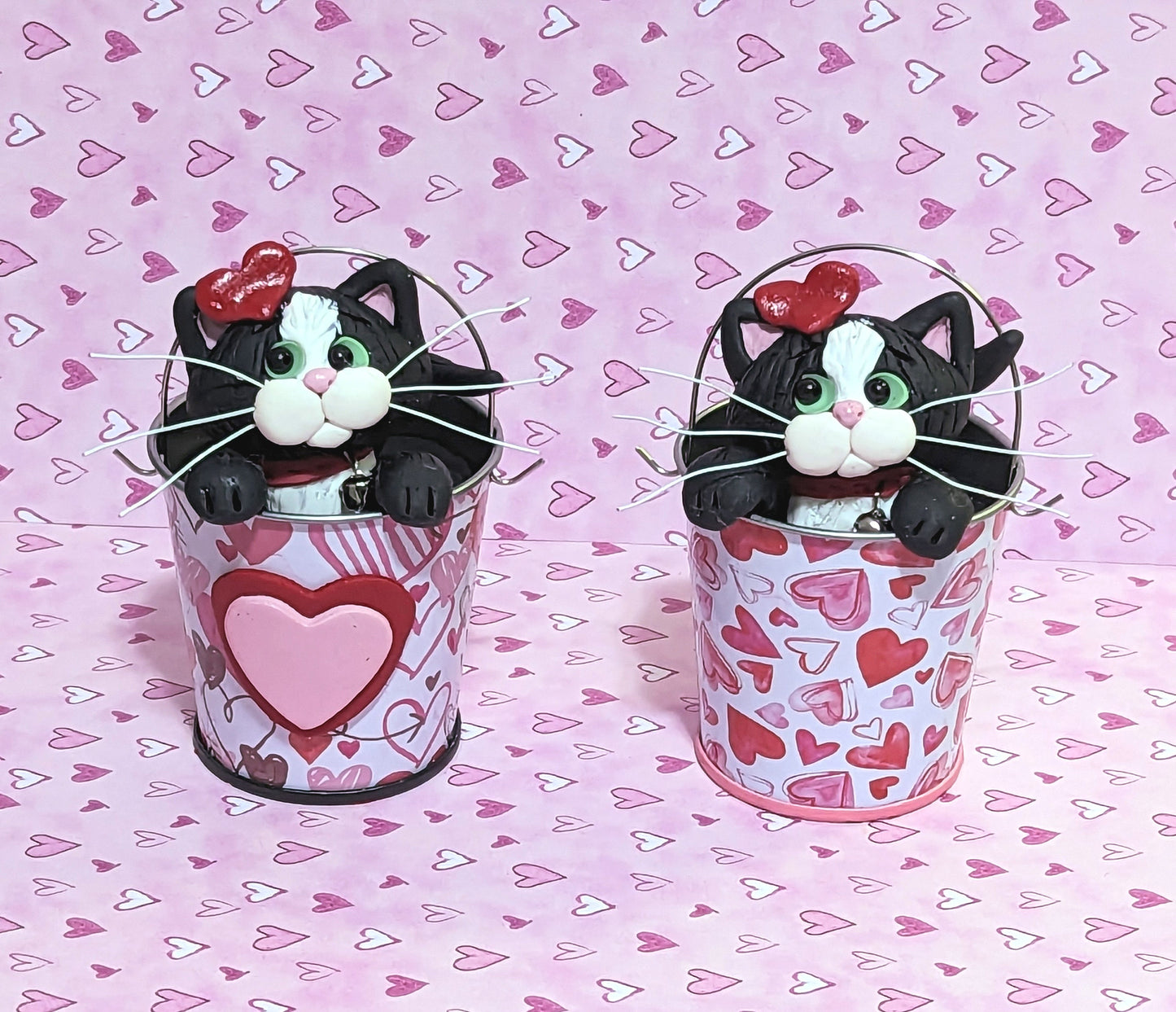 Tuxedo KITTY CATS in Valentine Bucket Handmade Polymer Clay Valentine Decor