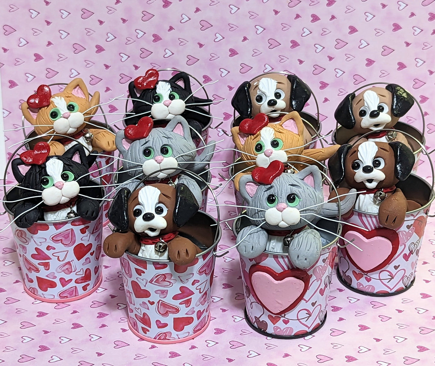 Tuxedo KITTY CATS in Valentine Bucket Handmade Polymer Clay Valentine Decor