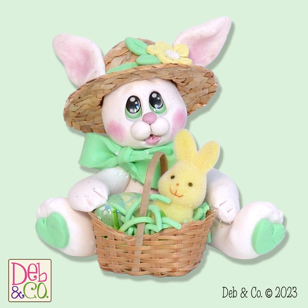 White EASTER BUNNY with Straw Hat and Basket Figurine Ornament Handmade Polymer Clay - Made to Order