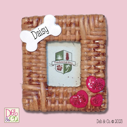 Wicker Dog Frame with Handmade Polymer Clay Hearts and Dog bone