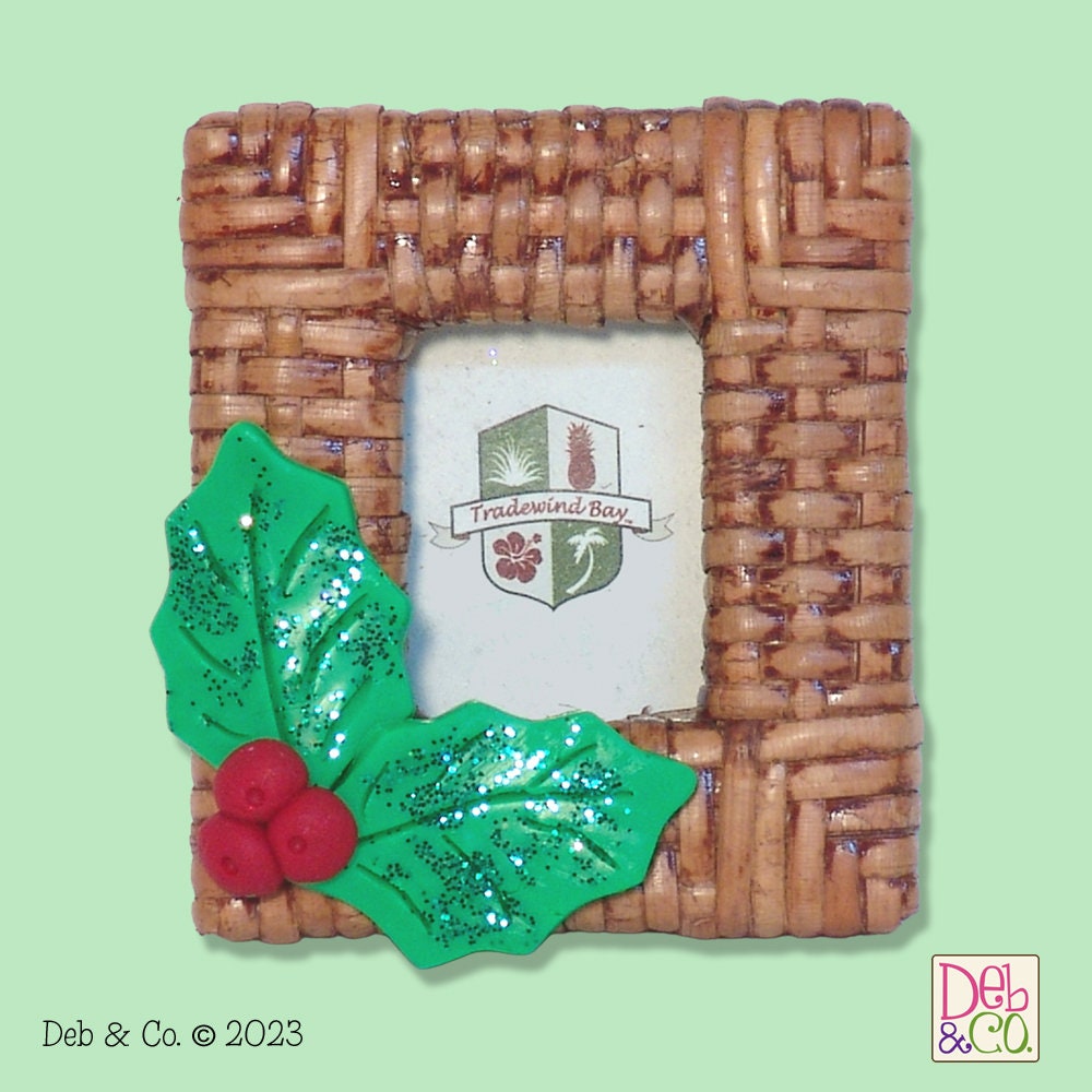 Wicker Photo Frame with Handmade Polymer Clay Holly Leaves