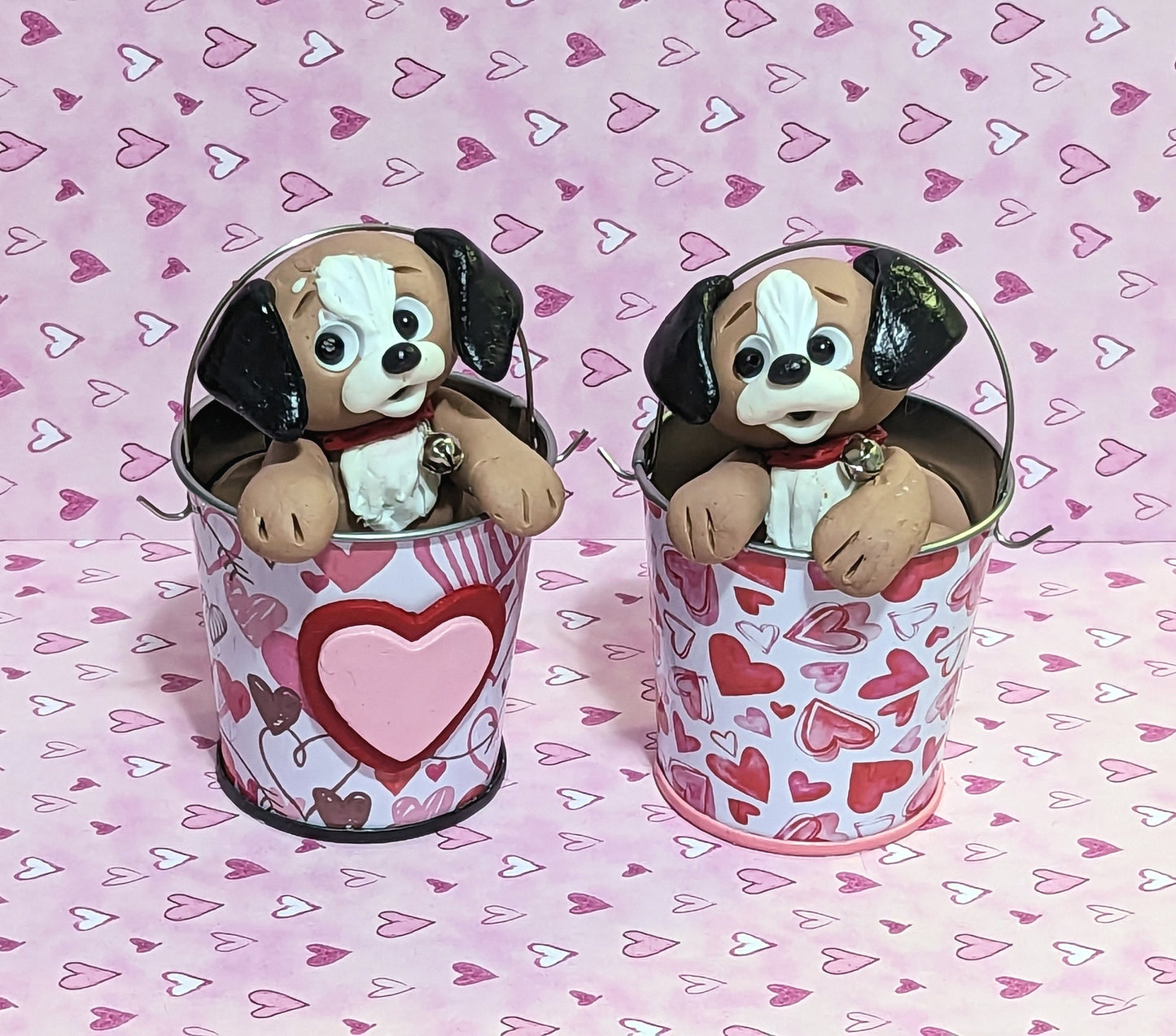 Tan Puppy Dogs in Valentine Bucket Handmade Polymer Clay Valentine Decor