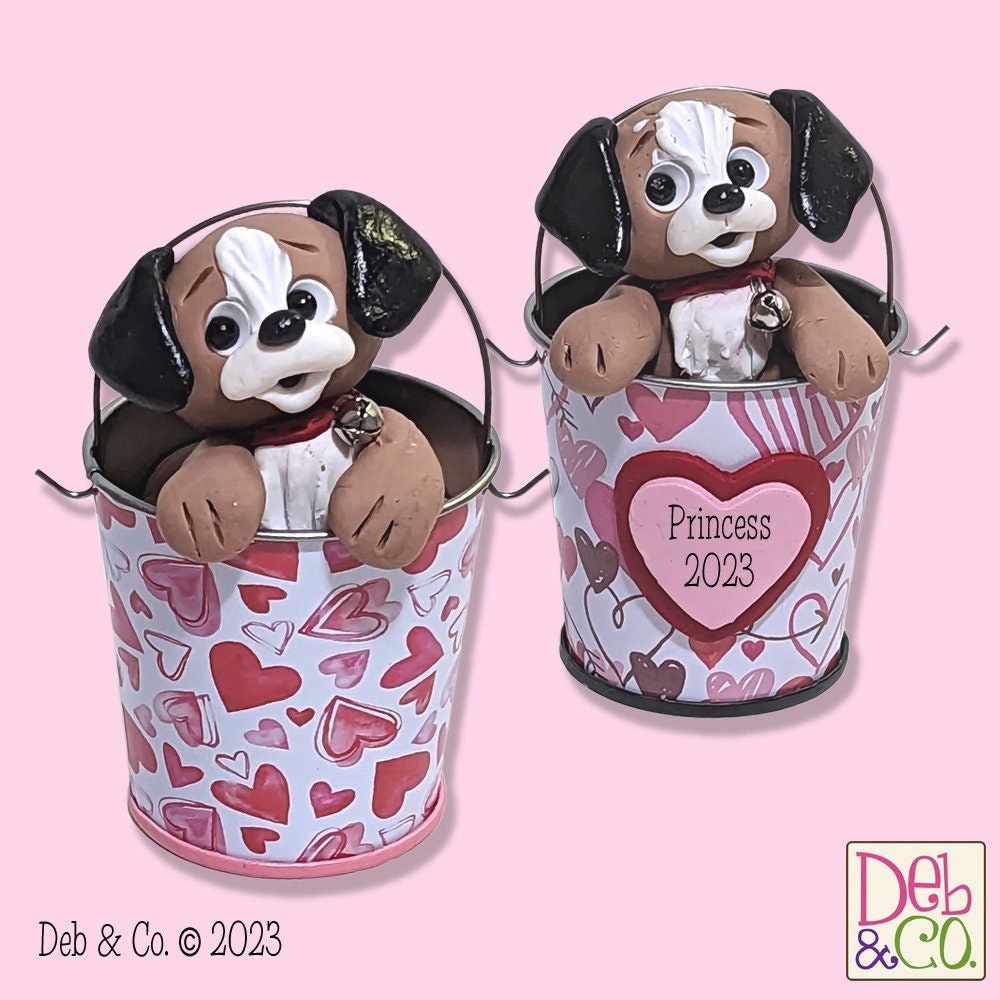 Tan Puppy Dogs in Valentine Bucket Handmade Polymer Clay Valentine Decor