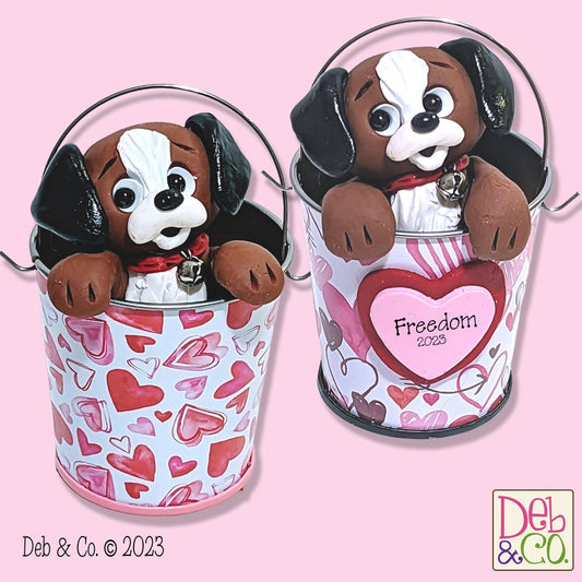 Brown Puppy Dogs in Valentine Bucket Handmade Polymer Clay Valentine Decor