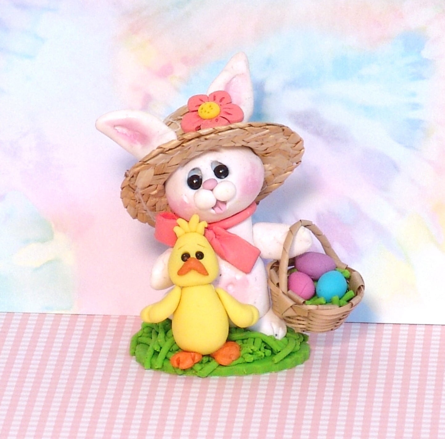 Little White Bunny with Chick and Straw Hat Figurine Handmade Polymer Clay Easter Decor