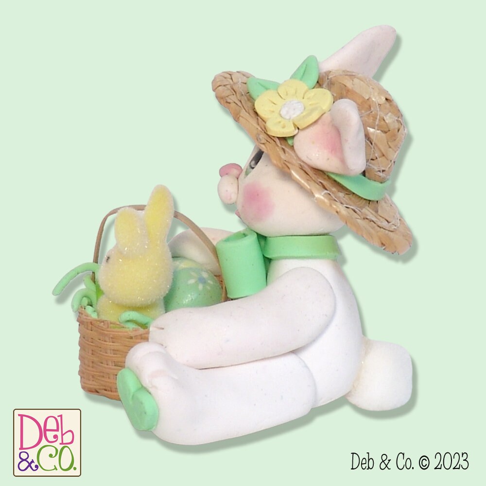 White EASTER BUNNY with Straw Hat and Basket Figurine Ornament Handmade Polymer Clay - Made to Order