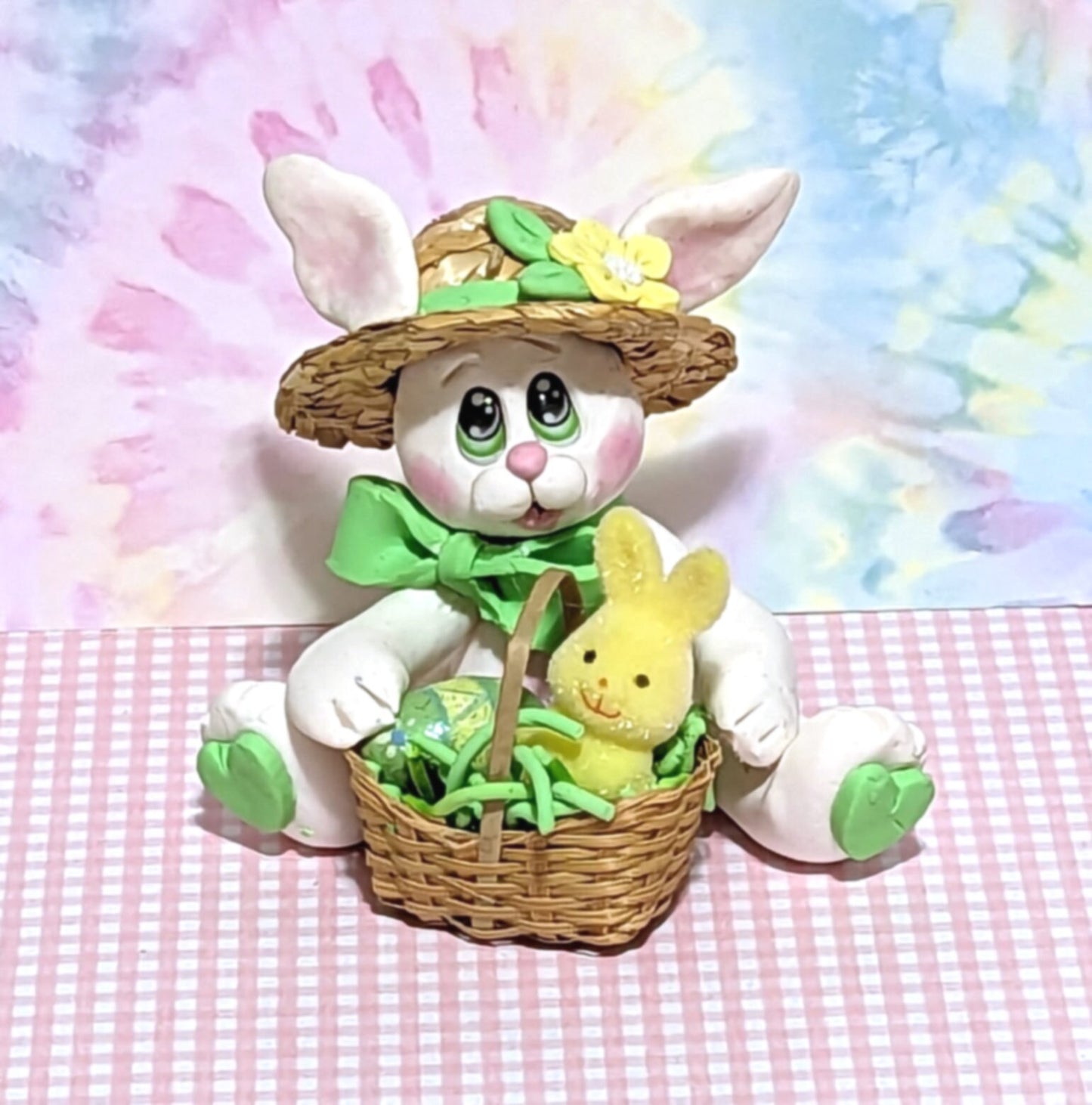 White EASTER BUNNY with Straw Hat and Basket Figurine Ornament Handmade Polymer Clay - Made to Order