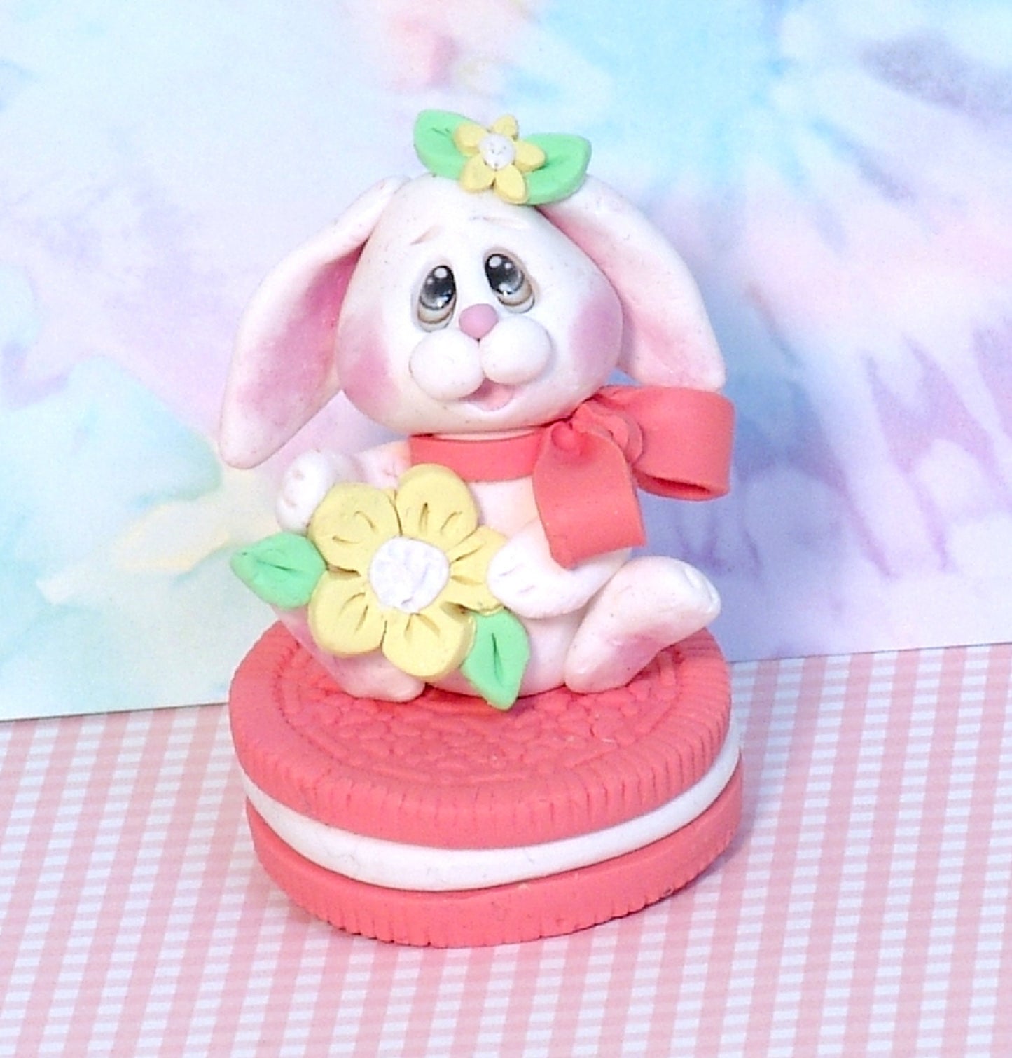 White Baby Bunny on Cookie Easter Bunny Handmade Polymer Clay Easter Decor