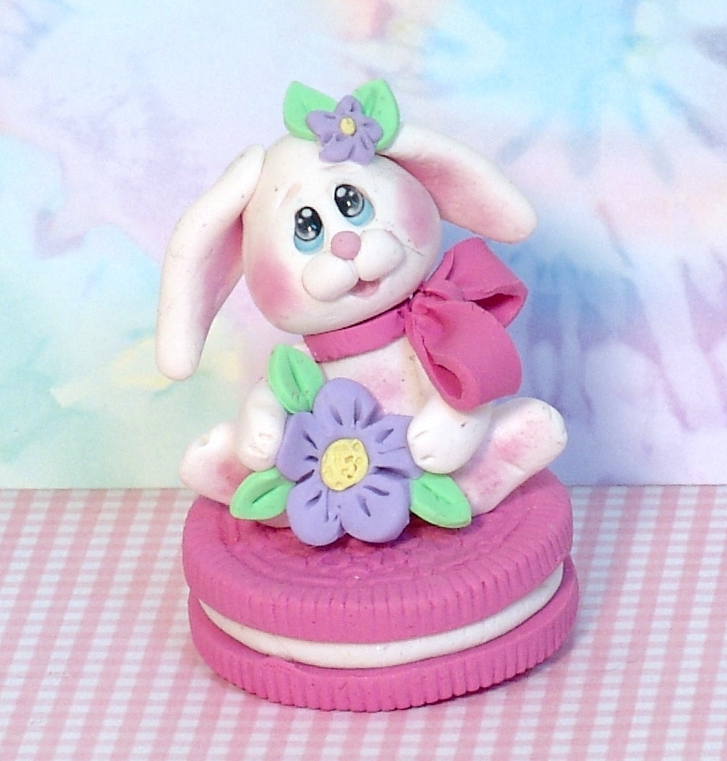 White Baby Bunny on Cookie Easter Bunny Handmade Polymer Clay Easter Decor