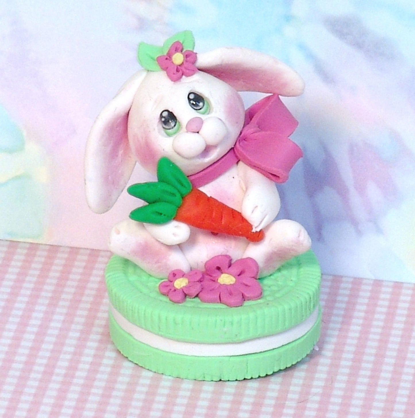 White Baby Bunny on Cookie Easter Bunny Handmade Polymer Clay Easter Decor