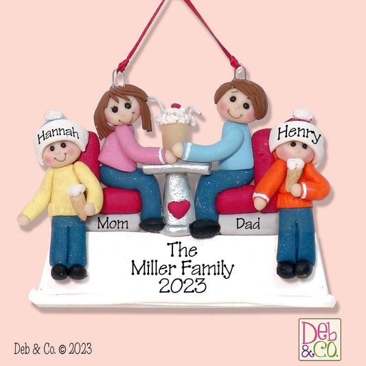 Family of 4 at Soda Shop Handmade Polymer Clay Personalized Christmas Ornament