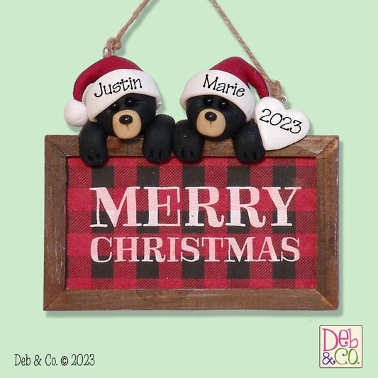 Black Bear Couple with "Merry Christmas" Sign Handmade Personalized Christmas Ornament