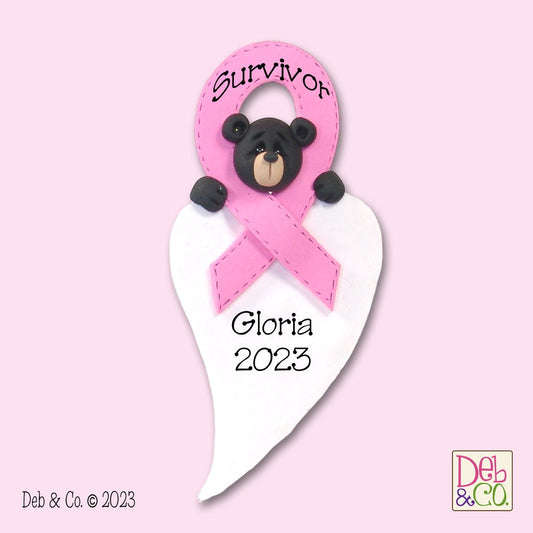 Breast CANCER-PINK RIBBON Survivor / Memorial Black Bear - Handmade Polymer Clay Personalized Christmas Ornament