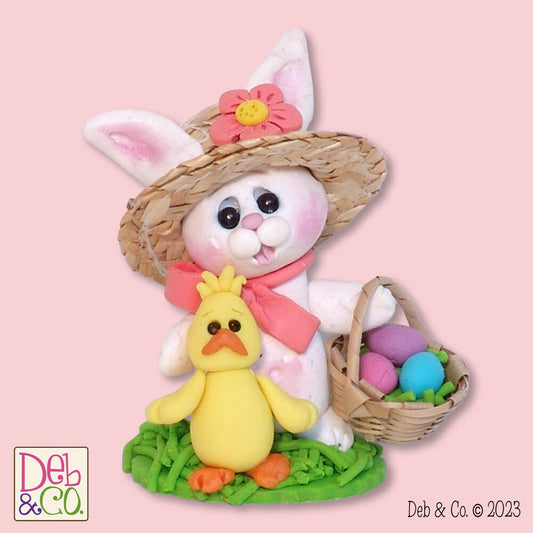 Little White Bunny with Chick and Straw Hat Figurine Handmade Polymer Clay Easter Decor