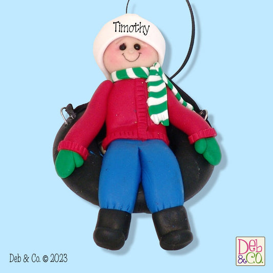 Little Boy Tubing, HANDMADE Polymer Clay, Personalized Christmas Ornament in Custom Gift Box