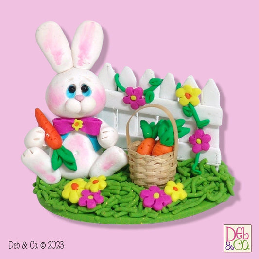 Bunny Rabbit with Picket Fence HANDMADE POLYMER CLAY Easter Decor Figurine