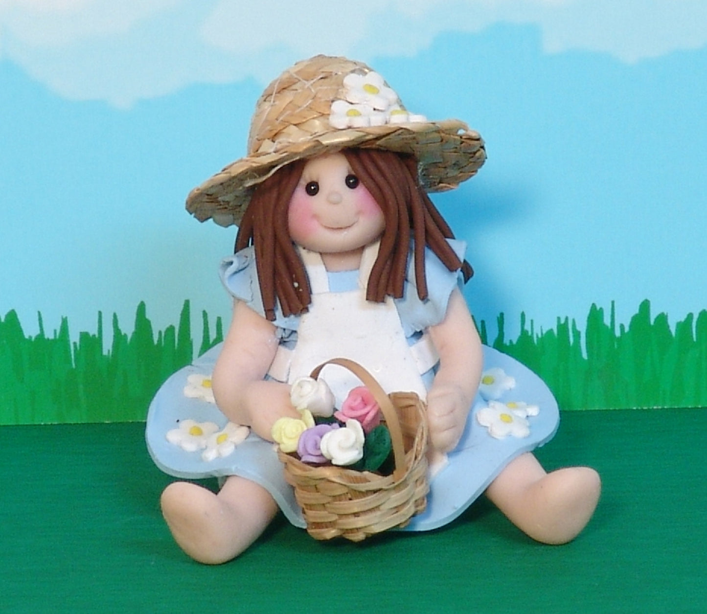 Country Girl with Straw Hat& Basket of Flowers  HANDMADE Polymer Clay Christmas Ornament