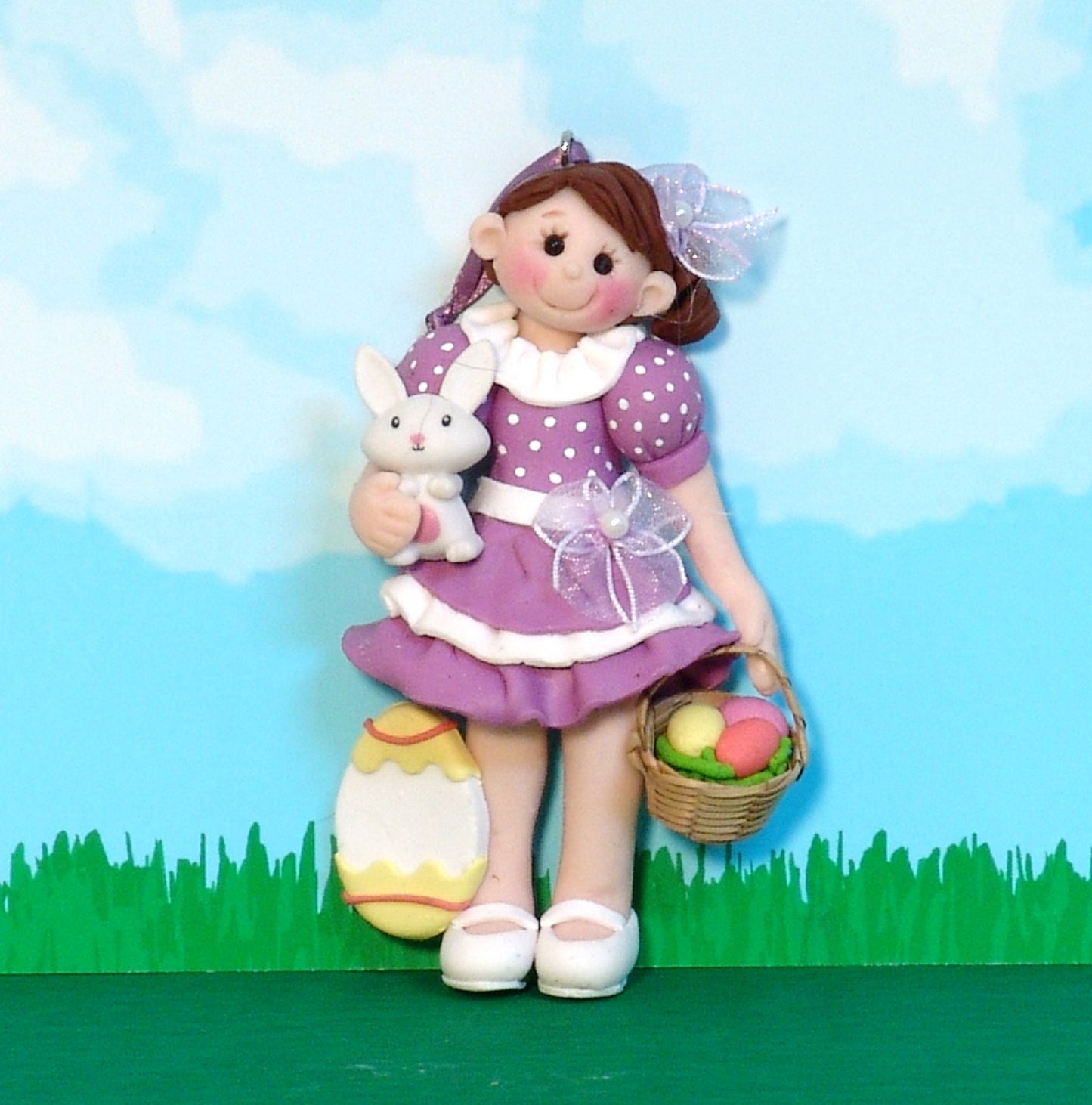 PERSONALIZED EASTER Girl w/Rabbit and Easter Basket Handmade Polymer Clay