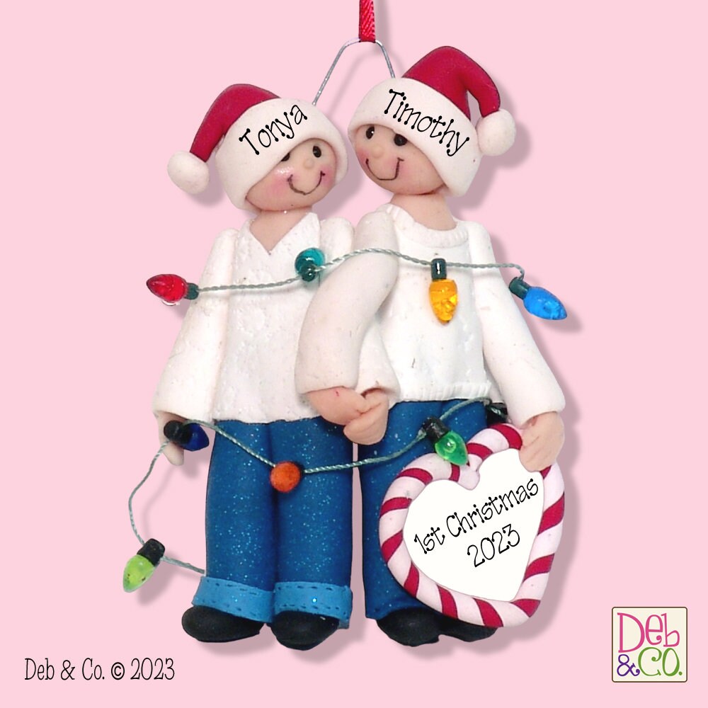 First Christmas Together, Couple with Christmas Lights, HANDMADE POLYMER CLAY, Custom Ornaments