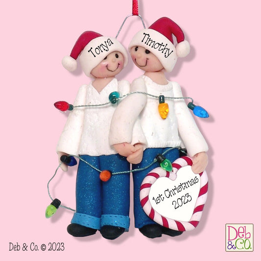 First Christmas Together, Couple with Christmas Lights, HANDMADE POLYMER CLAY, Custom Ornaments