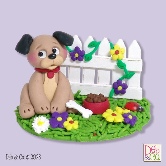 PUPPY DOG in Yard with Picket Fence HANDMADE Polymer Clay Figurine