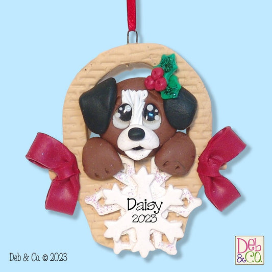 Puppy Dog in Basket HANDMADE Polymer Clay Personalized Christmas Ornament