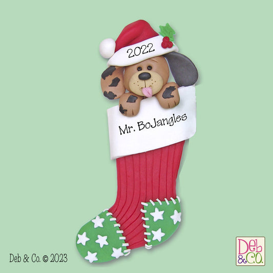 Puppy Dog in Stocking HANDMADE Polymer Clay Personalized Christmas Ornament