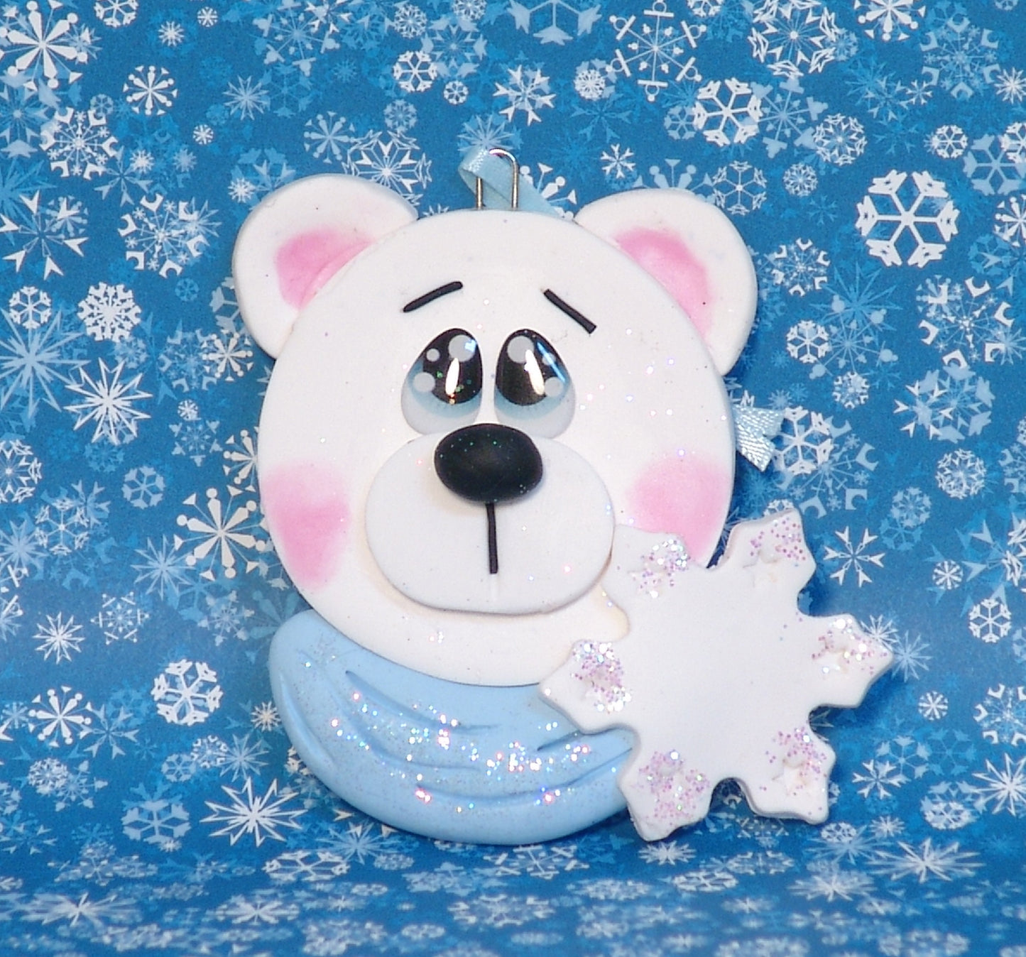 White Polar Bear Face - Hanmdade Polymer Clay Personalized Christmas Ornament