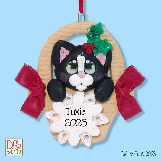 Black & White Tuxedo KITTY CAT in a Basket- Handmade Polymer Clay - Personalized Christmas Ornament - Limited Edition