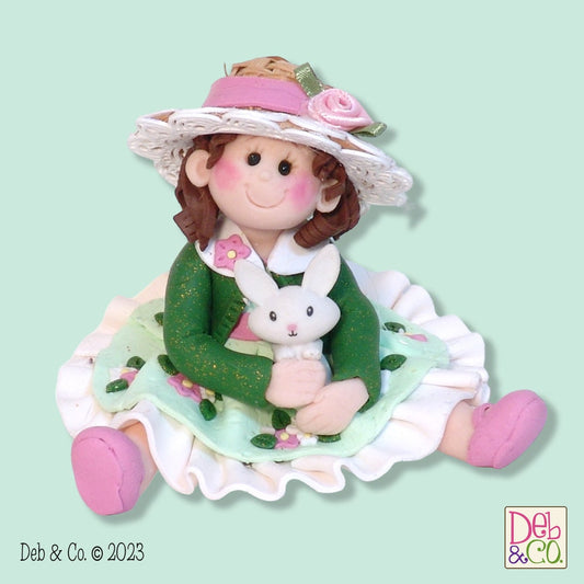 PERSONALIZED EASTER Girl w/Rabbit and Straw Hat Handmade Polymer Clay