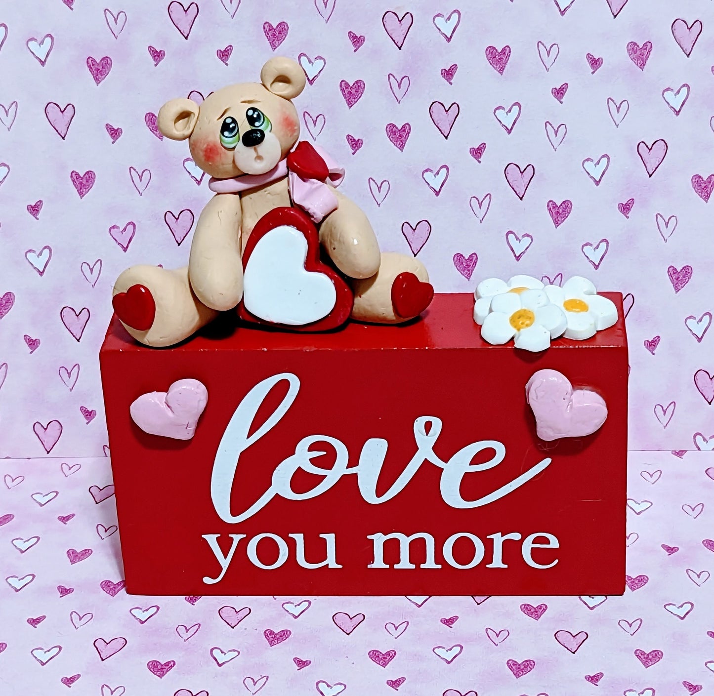 Teddy  Bear on  "Love You More"  Valentine Decor Handmade Polymer Clay Figure / Figurine