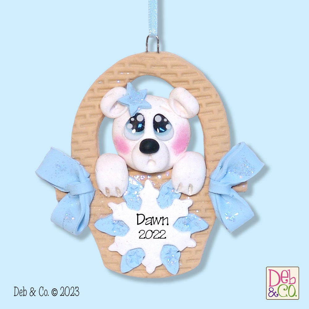 White Polar Bear in Basket- Hanmdade Polymer Clay Personalized Christmas Ornament