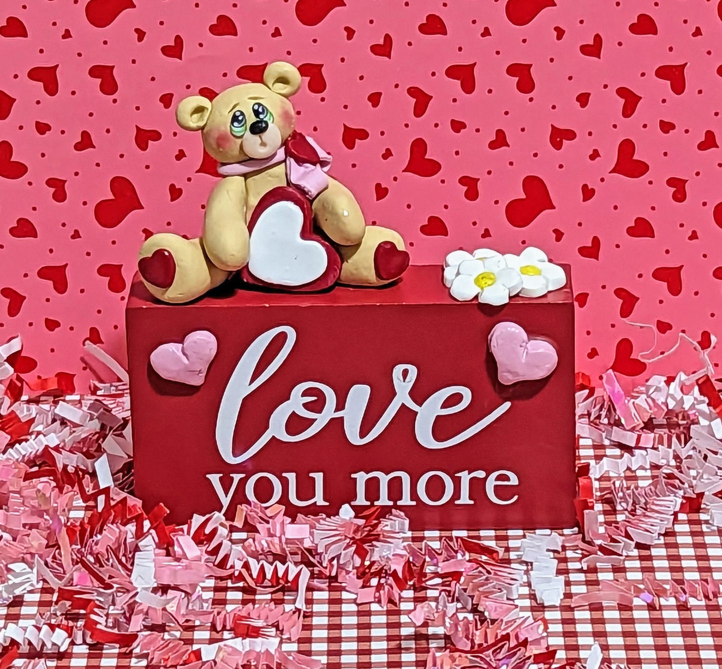 Teddy  Bear on  "Love You More"  Valentine Decor Handmade Polymer Clay Figure / Figurine