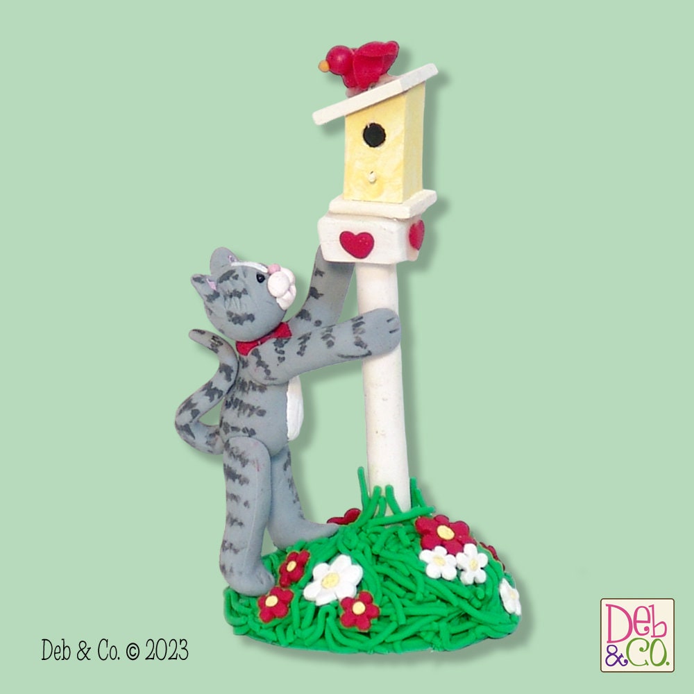 Gray KITTY CAT with Bird and Birdhouse HANDMADE Polymer Clay Personalized Ornament / Figurine