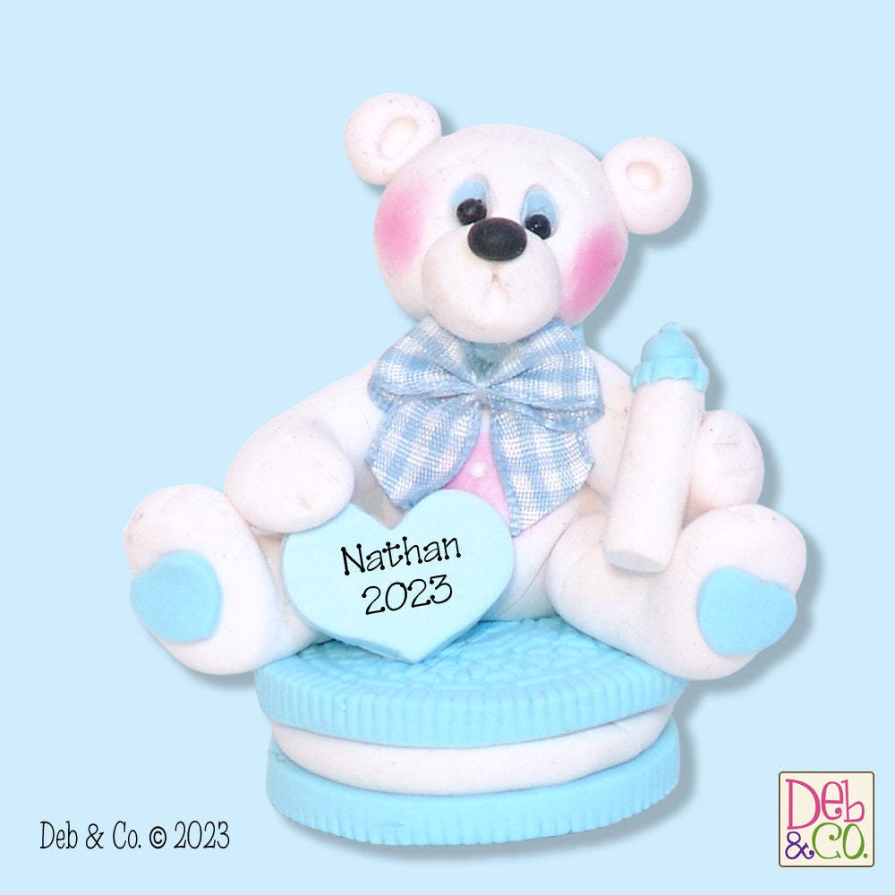 Polar Bear Sitting on Cookie Baby's 1st Christmas - Hanmdade Polymer Clay Personalized Christmas Figurine / Ornament