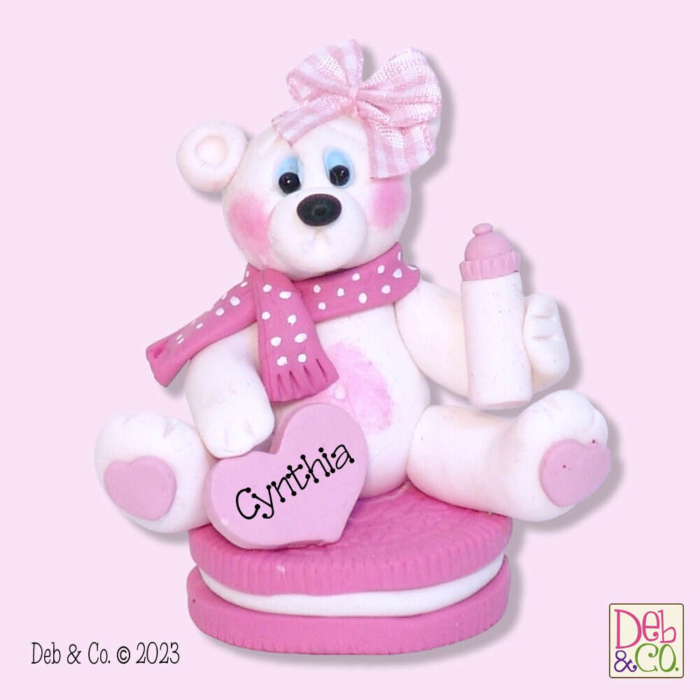 Polar Bear Sitting on Cookie Baby's 1st Christmas - Handmade Polymer Clay Personalized Christmas Figurine / Ornament