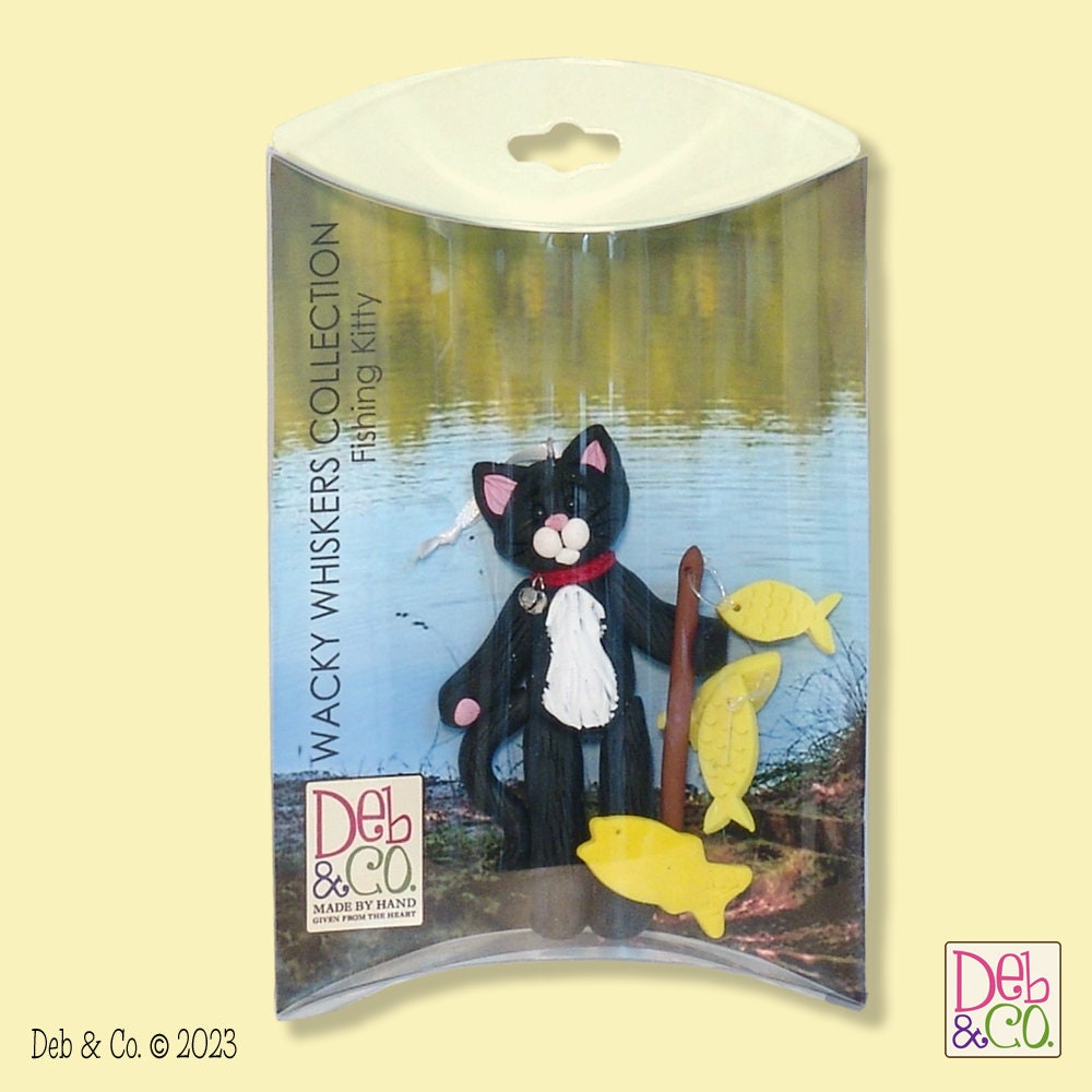 Black & White Tuxedo KITTY CAT Fishing Ornament HANDMADE Polymer Clay Personalized Christmas Ornament