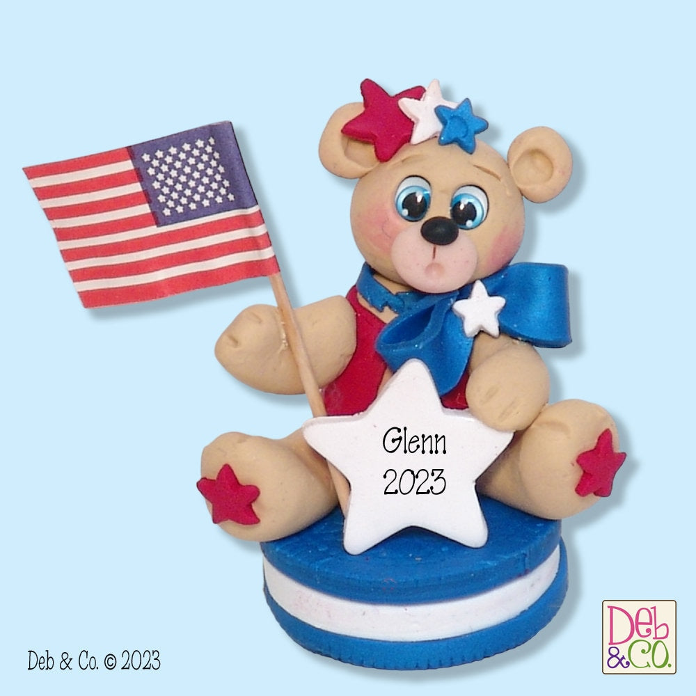 Personalized Patriotic Bear on Cookie Handcrafted Polymer Clay Personalized Patriotic Figurine / Ornament -  - Custom Ornaments - Handmade