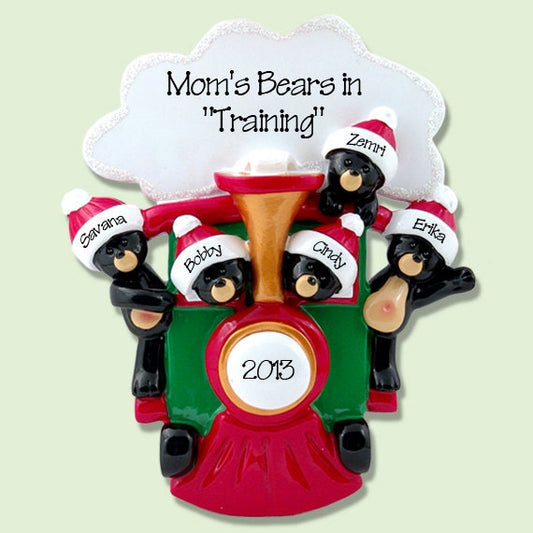 BLACK BEARS in Train Personalized Family Ornament of 5 Hand Painted RESIN