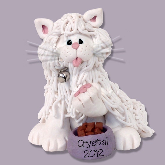 White Persian KITTY CAT HANDMADE Polymer Clay Personalized Christmas Ornament