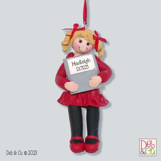 Giggle Gang Girl with Book Handmade Polymer Clay Personalized Christmas Ornament