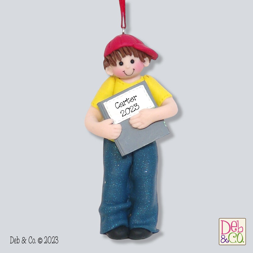 Giggle Gang Boywith Book Handmade Polymer Clay Personalized Christmas Ornament