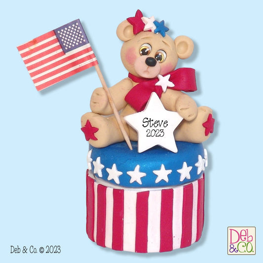 Personalized Patriotic Bear Handmade Polymer Clay Container - Treat Jar