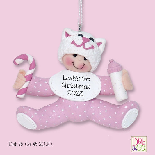 Baby's First Christmas - Baby GIRLw/Kitty Hat - Handmade Polymer Clay Personalized Christmas Ornament  -