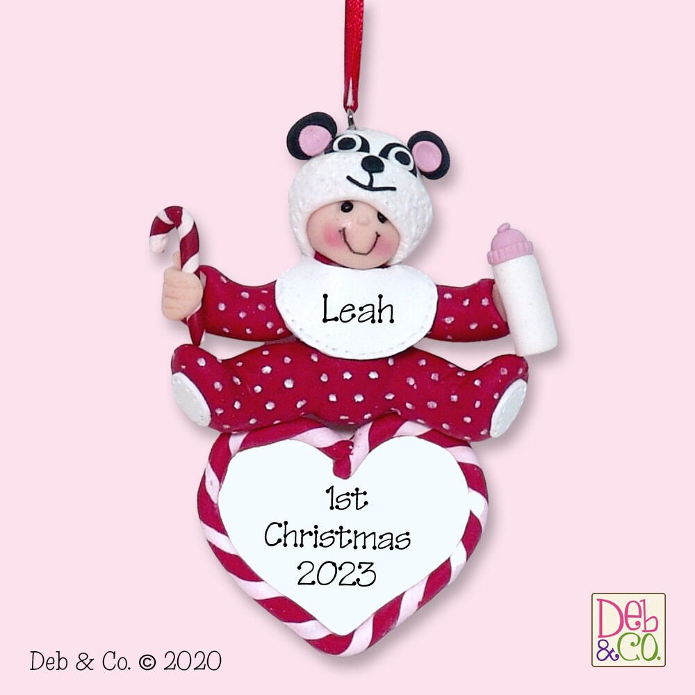 Baby's First Christmas - Baby GIRL or Baby Boy w/Panda Hat - Handmade Polymer Clay Personalized Christmas Ornament